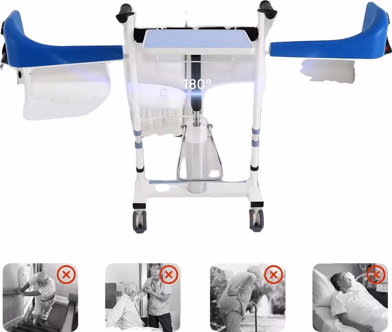 Sedia di sollevamento mobile per pazienti, portata 100 kg, acciaio altamente legato resistente, regolabile in altezza, schienale ribaltabile a 180°, ruote in TPE