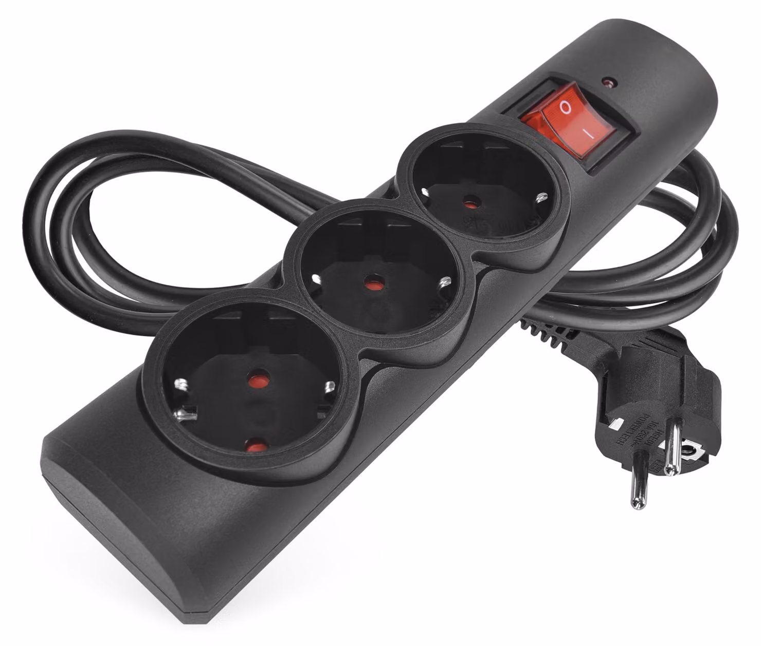 EMOS Presa multipla con protezione da sovratensione e indicatore LED, tripla, cavo da 1,5 m, prese ruotate di 45°, interruttore, 2300 W/10 A, per interni, nera, P54214