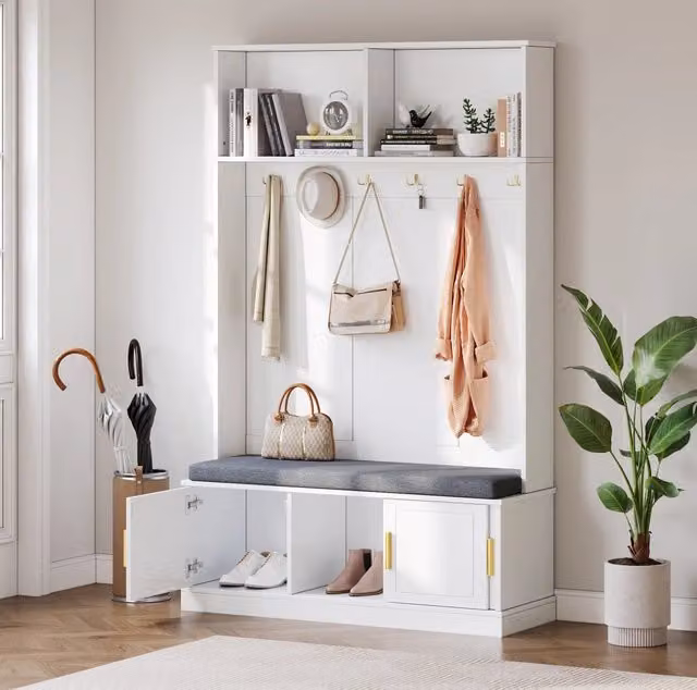 Appendiabiti con panca porta scarpe bianco 120×40×191 cm con 6 ganci tripli per ingresso e corridoio