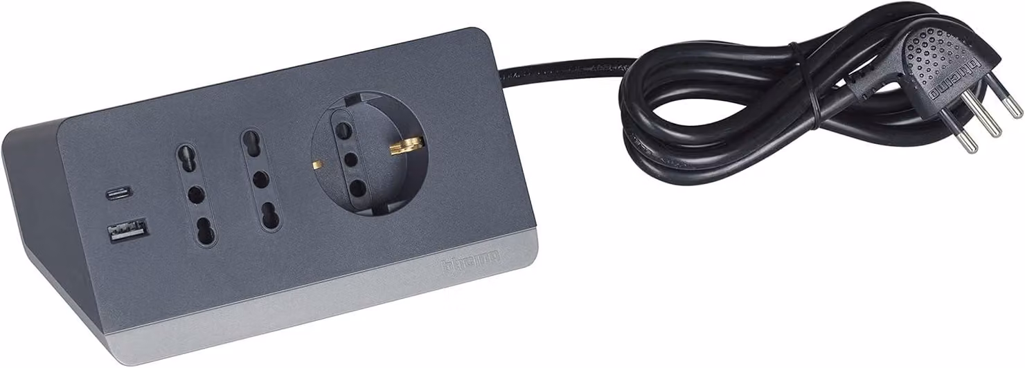 Multipresa Da Scrivania Bticino Con Usb E Interruttore Di Sicurezza Antracite Grigio Nero