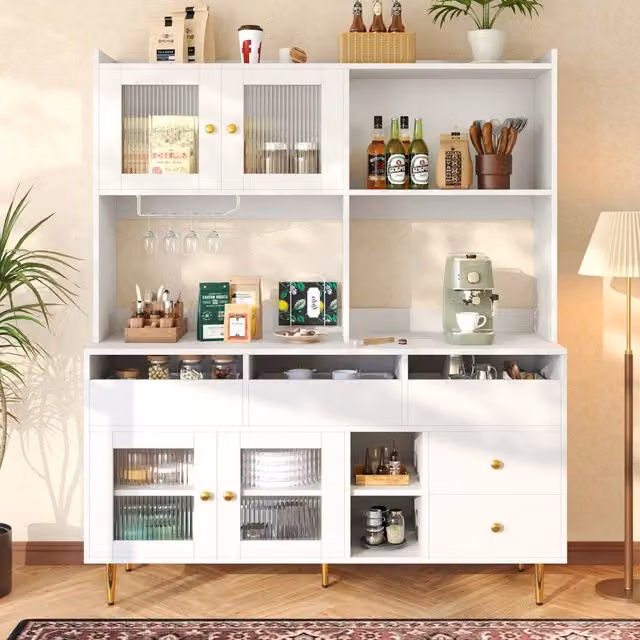 Credenza moderna WISHDOR in MDF bianco con ante in vetro trasparente, portabottiglie e cassetti, L 145 cm x P 39 cm x H 171 cm