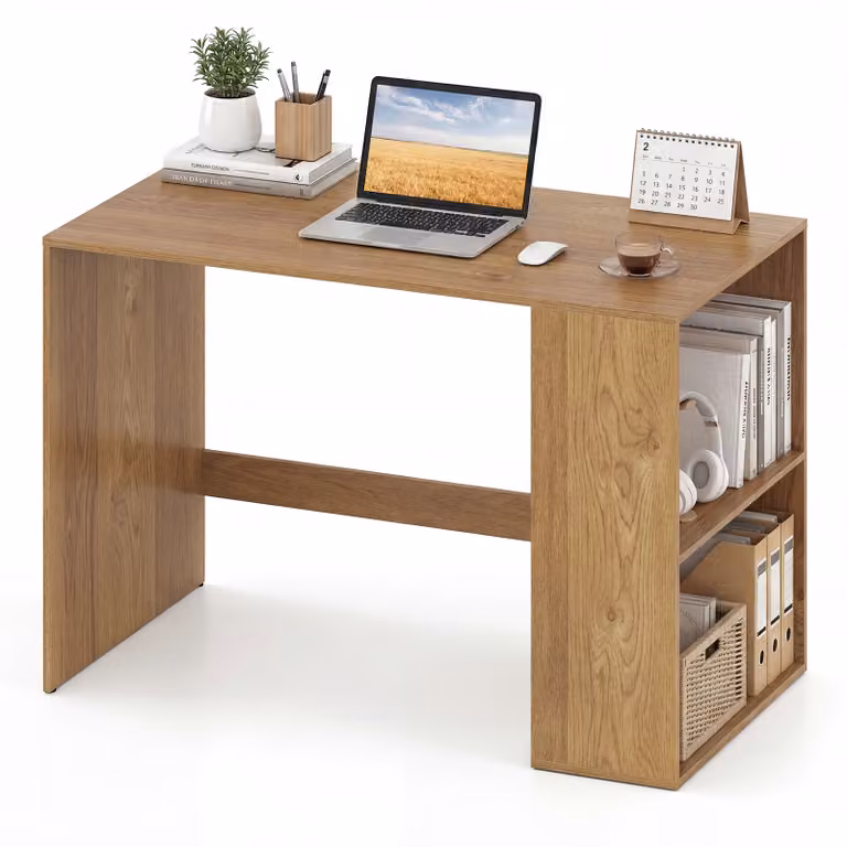Scrivania da ufficio Costway con libreria laterale a 2 ripiani, scrittoio moderno per computer in legno color marrone