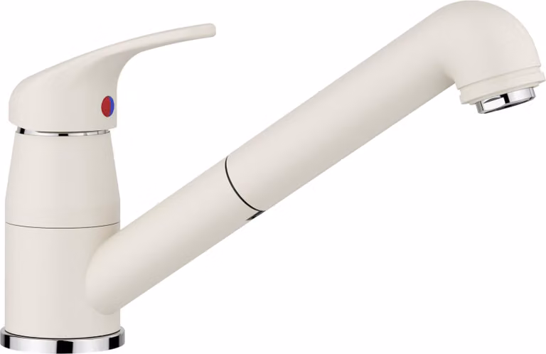 Miscelatore da cucina con doccetta estraibile, colore bianco tenue, realizzato in ottone, monoblocco