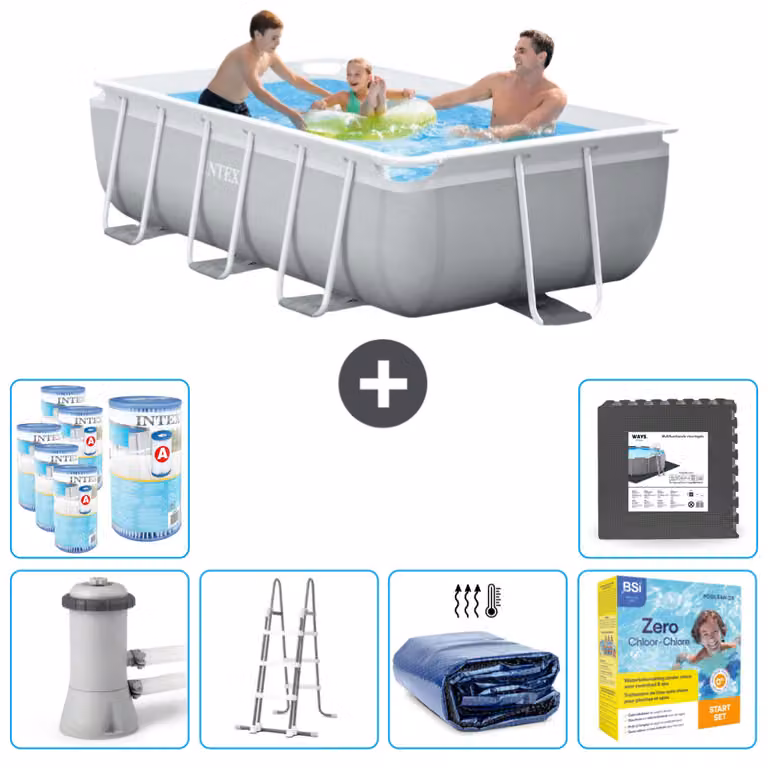 Piscina Intex con struttura a prisma rettangolare - 300 x 175 x 80 cm - grigio - inclusa pompa - scala - tenda da sole - pacchetto manutenzione - filtro - piastrelle per il pavimento