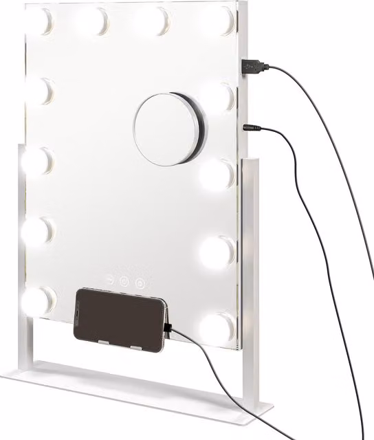 Specchio Hollywood HOMCOM con 12 LED regolabili, touch e ingrandimento 10X, Bianco, L: 36.5 cm, P: 8.5 cm, H: 45.5 cm