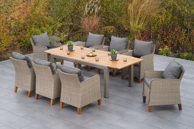 Set di mobili da giardino Merxx "Avellino" da 9 pezzi con tavolo allungabile 180/240 x 100 cm, cuscini inclusi - Struttura in alluminio con intreccio in plastica color beige pietra e legno di acacia