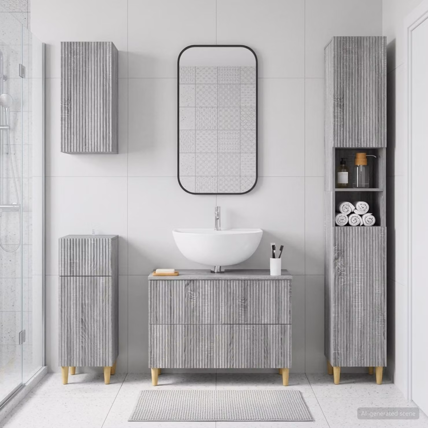Set di mobili da bagno moderno vidaXL ARNHEM da 4 pezzi in legno e MDF, colore grigio Sonoma, con mobile lavabo e pensile a parete