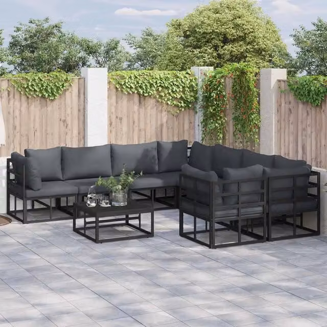 Set Divano da Giardino a L con Tavolino vidaXL, 9 Pezzi, Nero, in Alluminio Verniciato a Polvere con Cuscini Inclusi