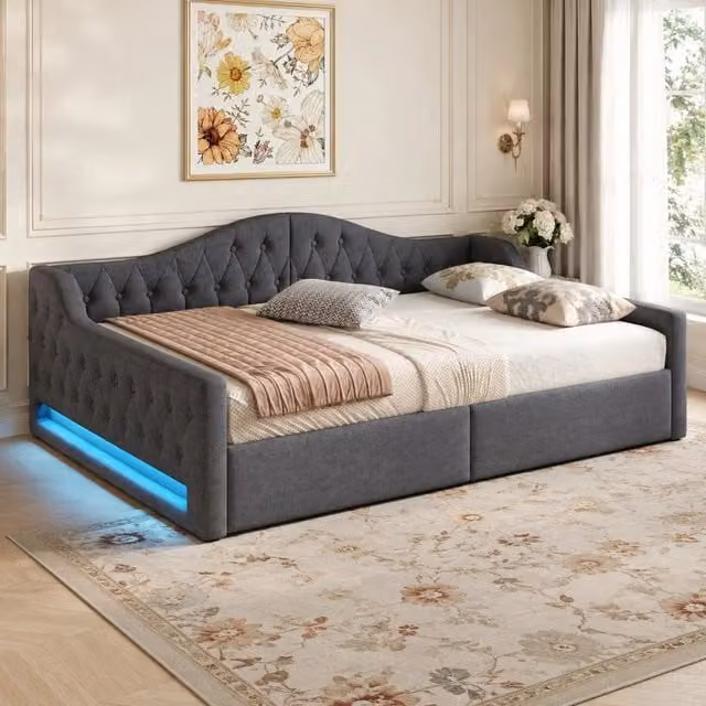 Letto da giorno 140x200 cm con vano contenitore e LED regolabili; lino grigio