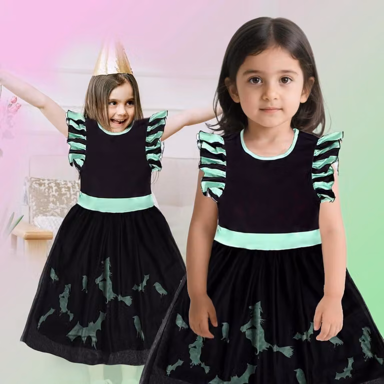 Costume da strega per bambine, verde/nero, taglia 8-10 anni