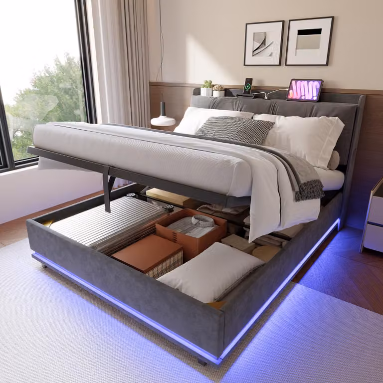 Letto imbottito REMZETTA, 140 x 200 cm, per adulti, con rivestimento in velluto, contenitore portaoggetti, rete a molle idraulica, luci LED RGB, porte USB-A e USB-C e testiera imbottita, colore grigio