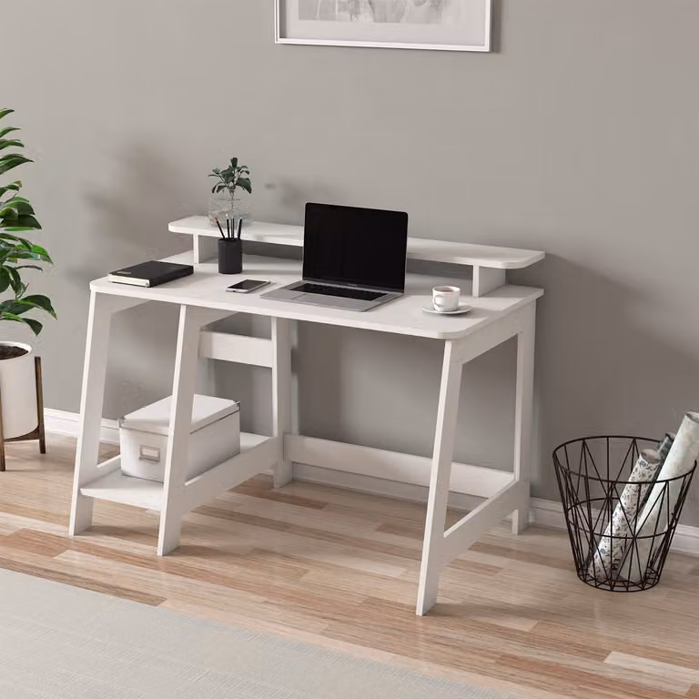Skye Decor, scrivania di alta qualità, dimensioni 120 x 73 x 60 cm, realizzata in pannello di particelle rivestito in melamina al 100%, spessore 18 mm, dotata di numerosi ripiani, montabile a parete, design moderno in bianco.