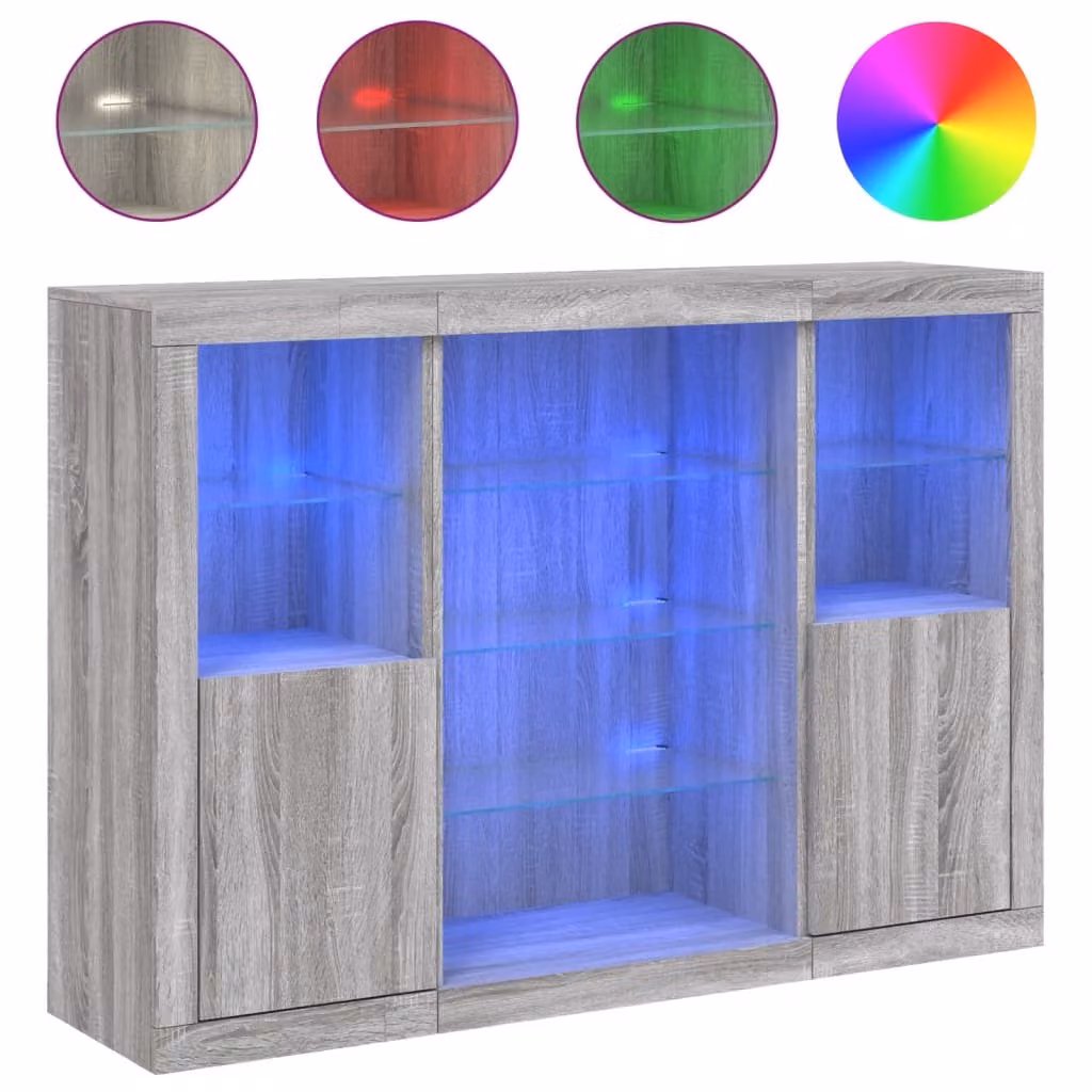 Credenze con Luci LED 3 pz Grigio Sonoma in Legno Multistrato