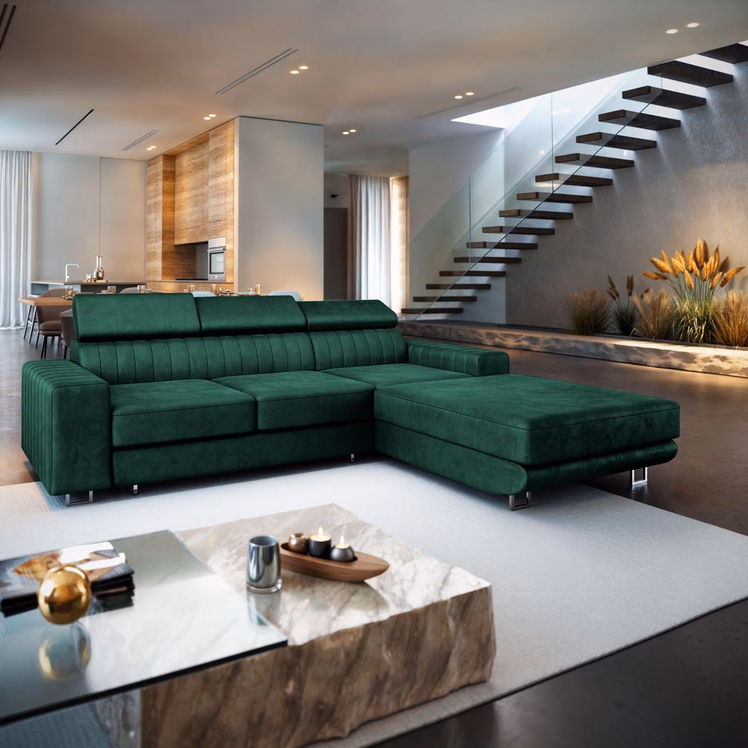 Divano angolare Masseno NOTO R-S con funzione letto a L, divano con box letto, divano da soggiorno, divano, divano letto, set di divani - verde, MONOLITH 37