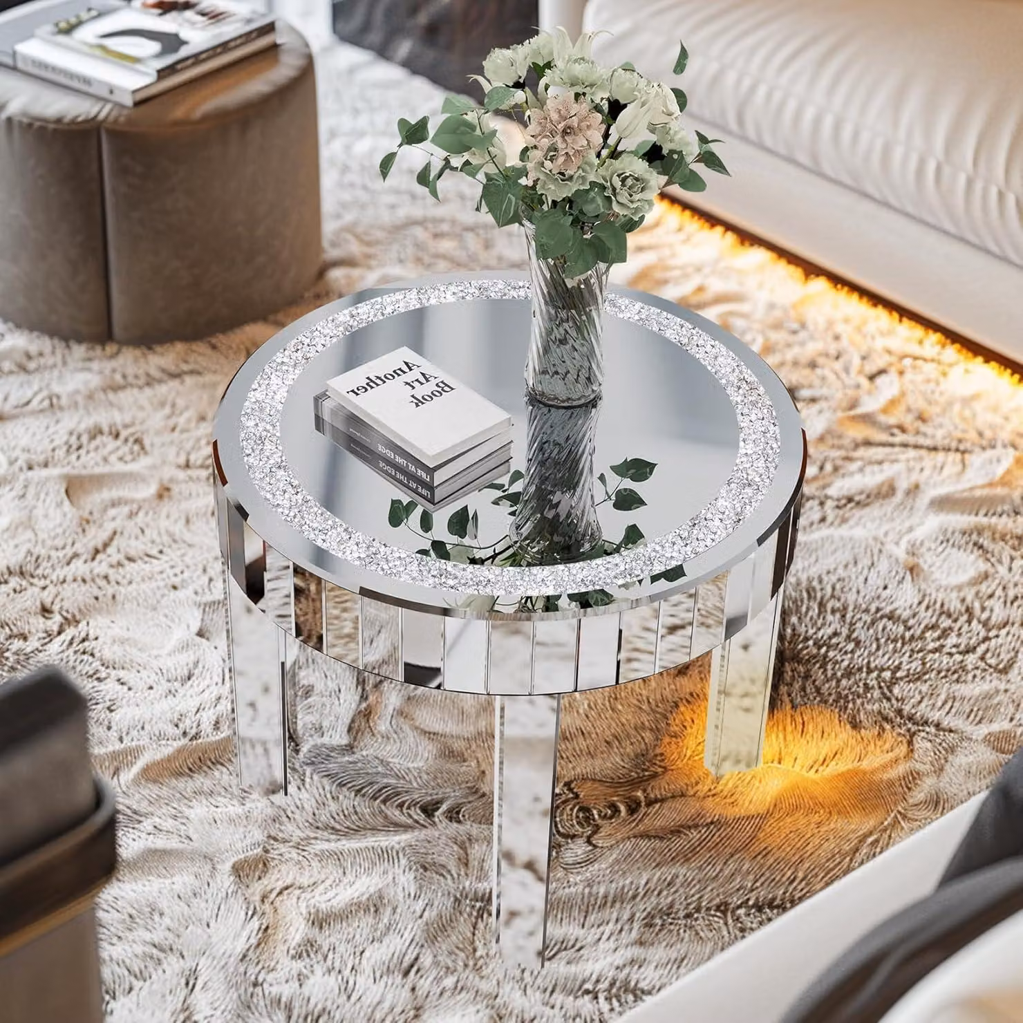 Tavolino rotondo in vetro argento cristallo Ø60cm lusso moderno 60×60×50 cm