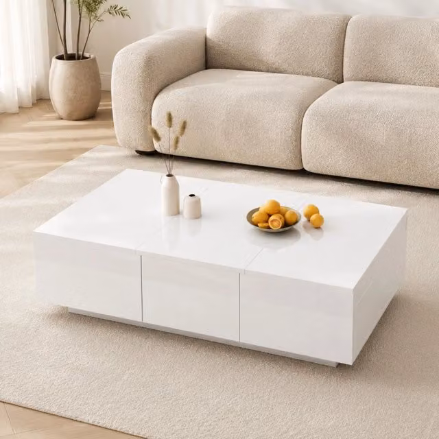 Tavolino basso Mivray bianco lucido con 2 cassetti e vani nascosti push pull L: 100 cm, P: 50 cm, H: 31 cm