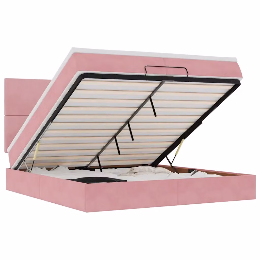 Letto con contenitore a sollevamento vidaXL in velluto rosa e bianco con porta USB e illuminazione sottostante L: 200 cm, P: 200 cm, H: 280 cm – 2