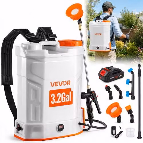 VEVOR Spruzzatore a Zaino Alimentato a Batteria 12 L Irroratrice a Spalla per Giardino, 2 Lance Retrattili e 5 Ugelli, Autonomia di 2 Ore, Spruzzatori Portatili per Diserbanti, Bianco e Arancione