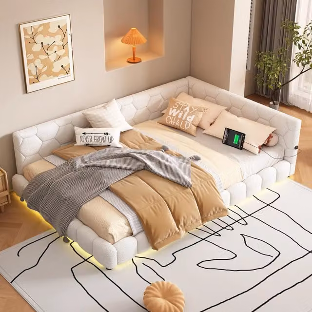 Letto divano matrimoniale 140 × 200 cm, LED a 16 colori, USB e Type-C, senza materasso, velluto bianco