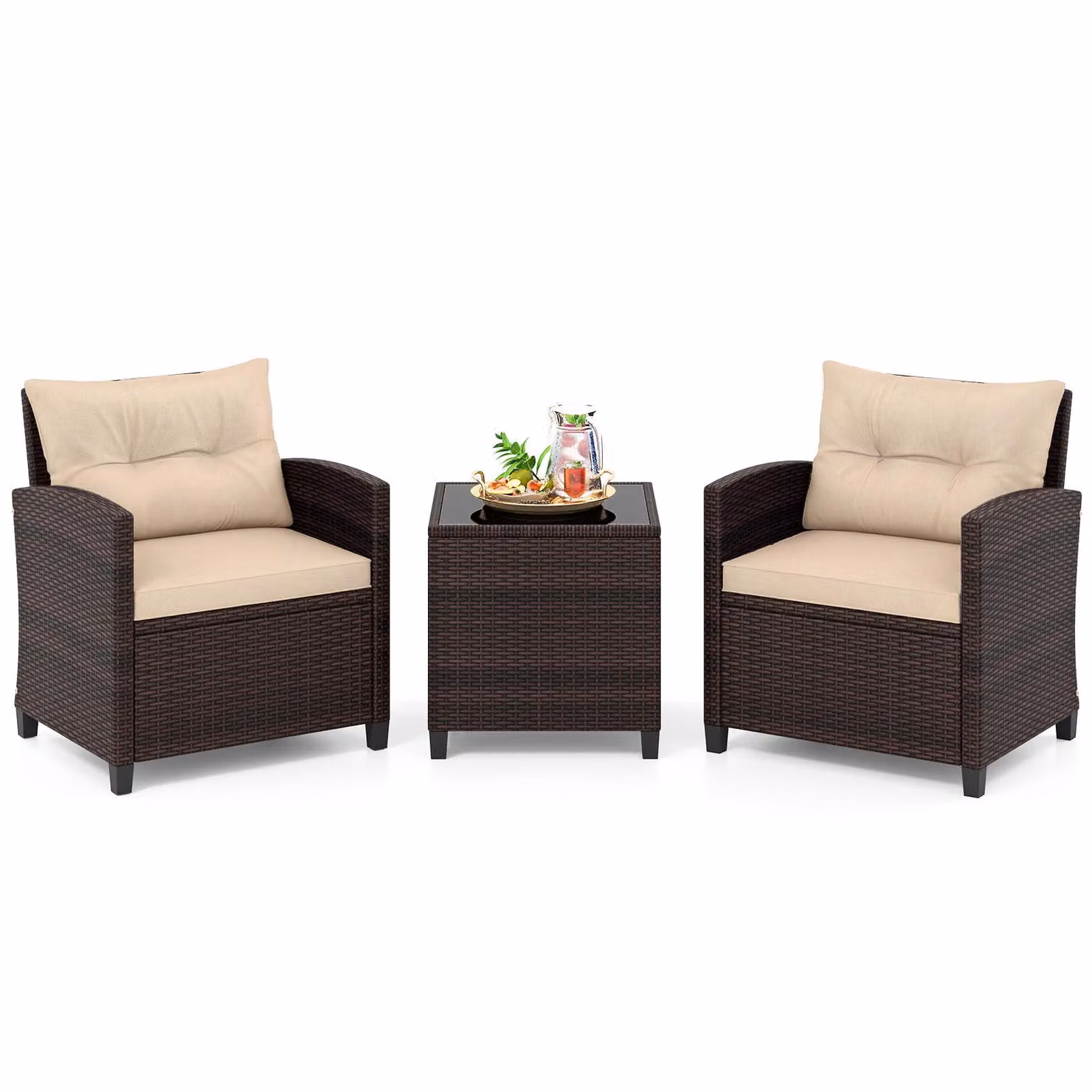 Set di mobili da giardino COSTWAY in rattan sintetico, composto da 3 pezzi. Set di mobili da balcone che include 2 poltrone, cuscini e un tavolo con piano in vetro temperato, ideale per creare un'area relax resistente alle intemperie per 2 persone