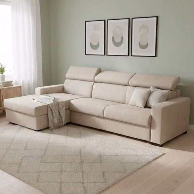 Divano Letto Aloet Talamo Italia con Penisola Sfoderabile e Poggiatesta Regolabile, Beige, L/P/H: 260 x 95 x 85 cm – 1