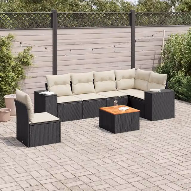 Set di Divani da Giardino a L con Cuscini VIDAXL in Polyrattan Nero, 7 Pezzi – 1