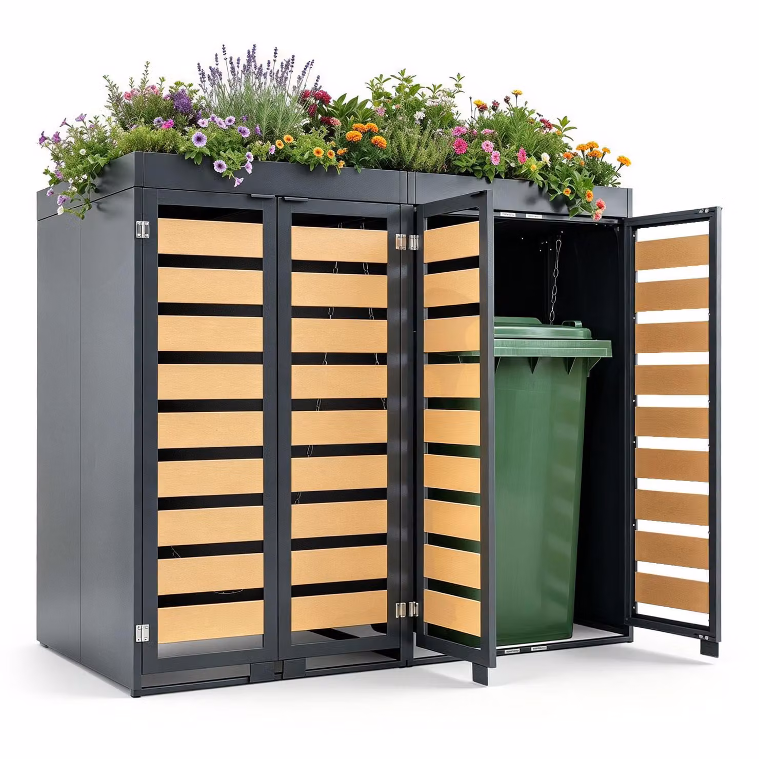 Contenitore per bidoni della spazzatura COSTWAY, per 2 bidoni fino a 240L, rivestimento in metallo, struttura per bidoni con tetto giardino, guanti, fori di drenaggio e doppia porta, dimensioni 138x77x122 cm