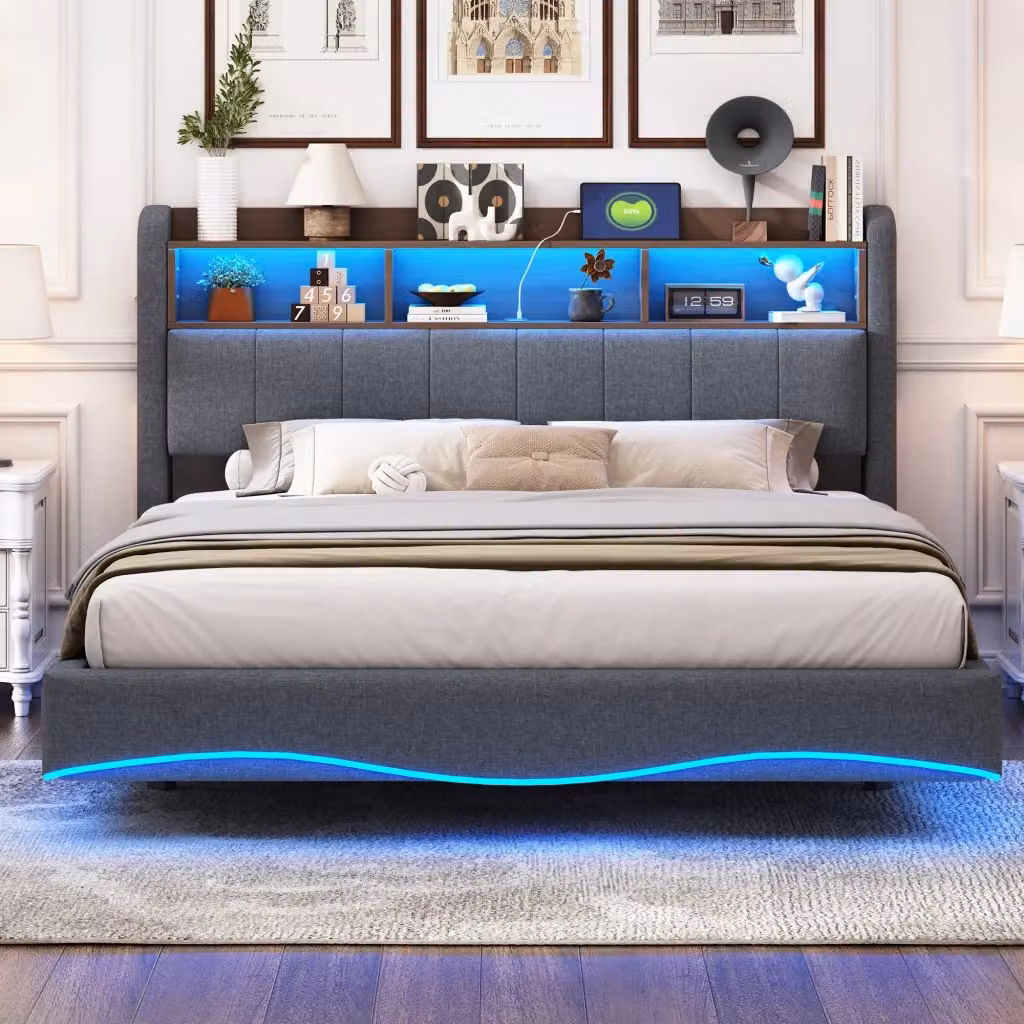 Letto matrimoniale imbottito OKWISH grigio con illuminazione LED sottostante, porte USB, vano testiera e scomparti laterali, L/P: 160 x 200 cm – 2