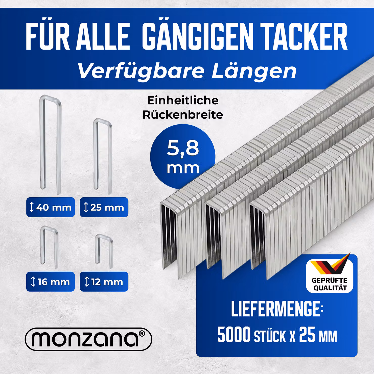 Graffette a strappo Monzana in acciaio zincato argento, 5000 pezzi, L: 25 mm, P: 5,8 mm – 2