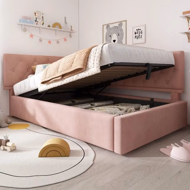 Letto divano singolo OKWISH in velluto rosa con contenitore idraulico e struttura moderna, L/P/H: 90 x 200 x 100 cm