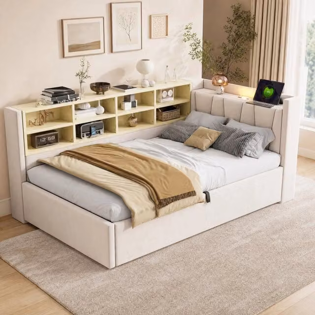Letto imbottito 90x200 cm beige in velluto con contenitore idraulico