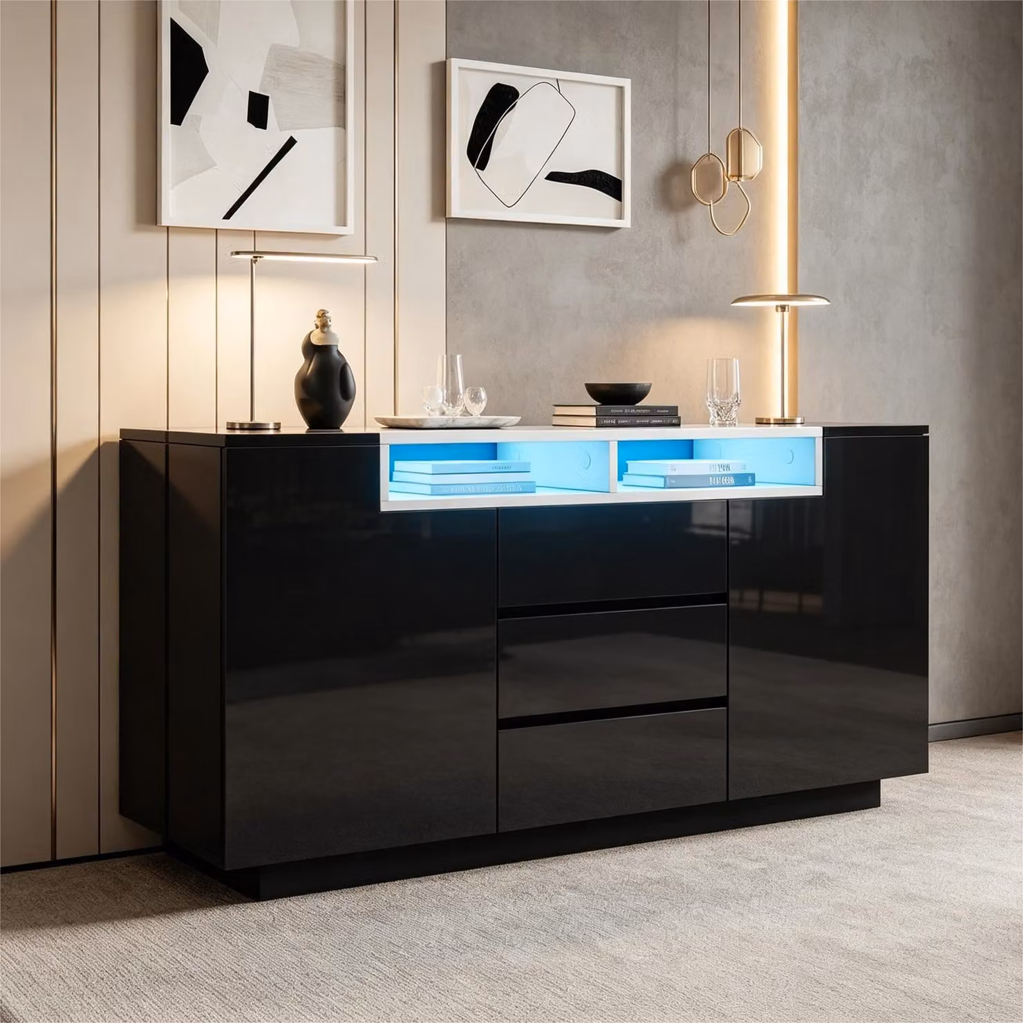 Mobile bar con finitura lucida e illuminazione a LED, mobiletto contenitore con 3 cassetti e 2 ante a forma di L, armadio per il soggiorno con ripiani interni regolabili, colore nero