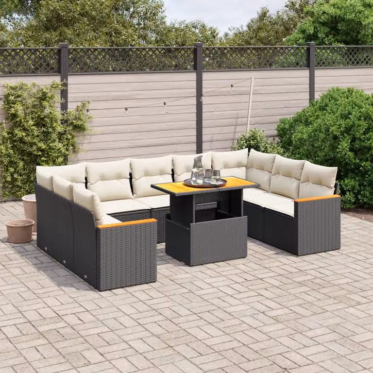 vidaXL Set Divani da Giardino a Forma di L in Polyrattan Nero con Cuscini e Tavolino da Esterno