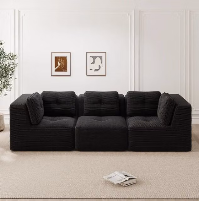 Divano angolare modulare in corduroy; 297x104x69 cm; nero