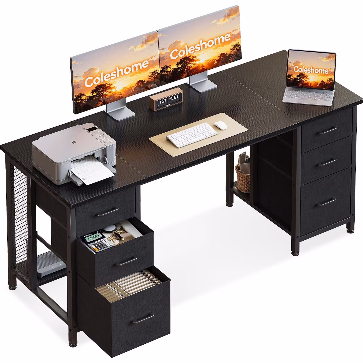Scrivania per computer, dimensioni 160x52 cm, con 6 cassetti e ripiani, colore nero