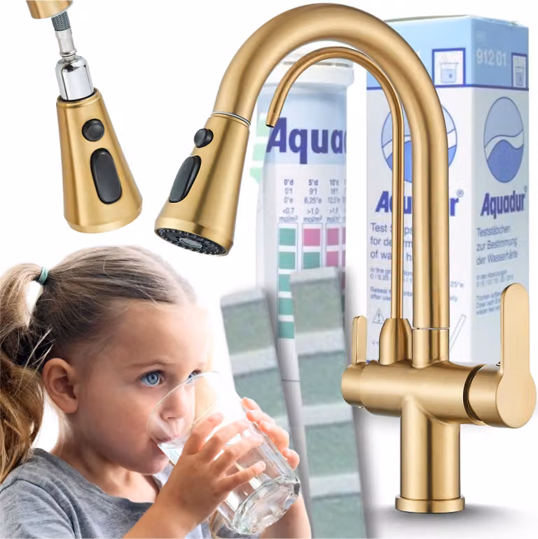 Rubinetto da cucina a 3 vie Ari Nordic con doccetta estraibile, beccuccio girevole 360 gradi, collegamento per filtro acqua, oro spazzolato