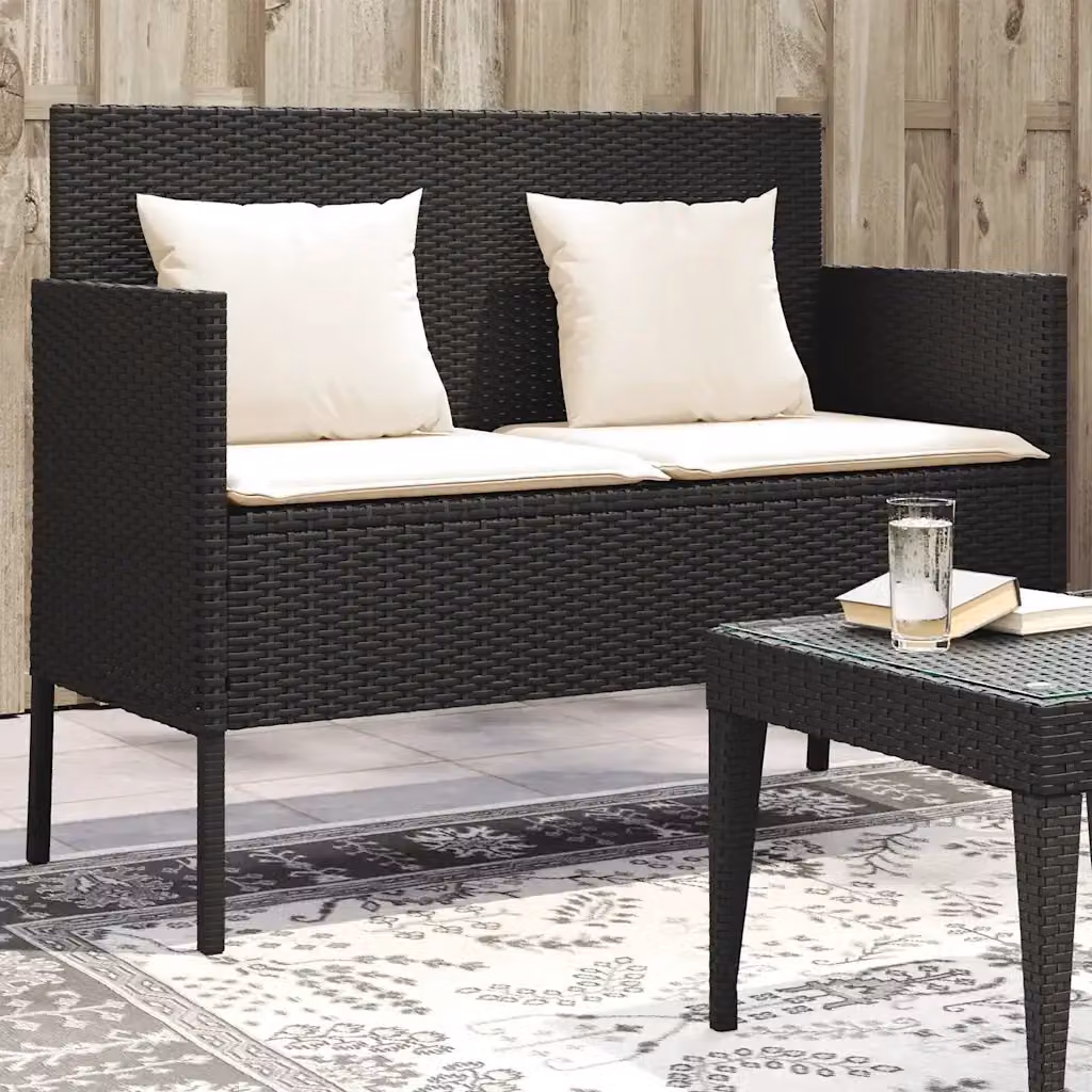 Panchina da giardino moderna in polyrattan con cuscini neri e bianchi e braccioli – 2