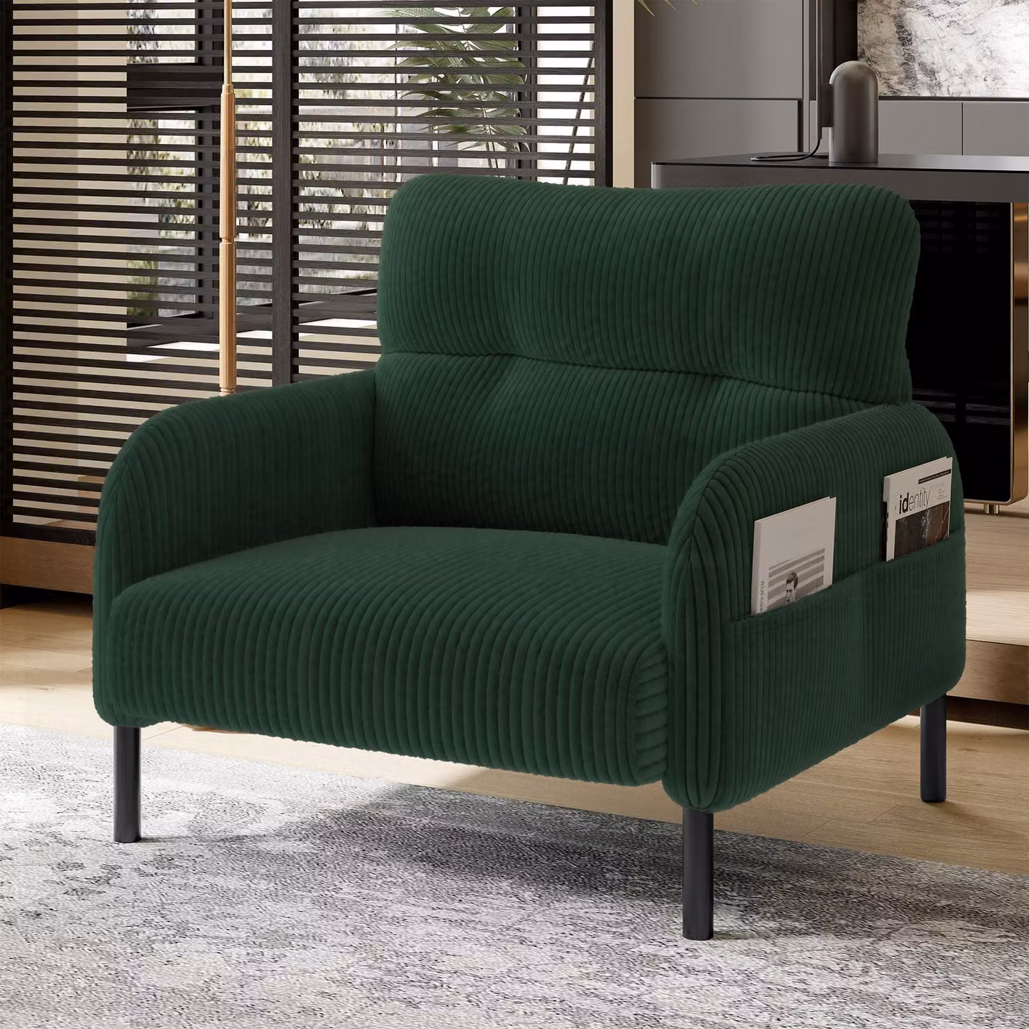 STILVORA: Poltrona singola, poltrona relax con braccioli e tasche laterali, poltrona singola in velluto, poltrona da salotto per soggiorno, camera da letto e studio, colore verde