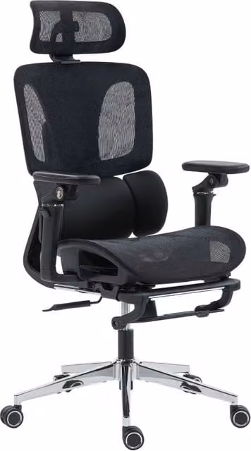 Sedia da ufficio ergonomica con supporto lombare, braccioli 6D e poggiapiedi reclinabile, in plastica e rete, nera
