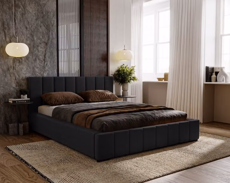 Letto imbottito Nero con materasso in schiuma SELEKT incluso, 160x200 cm, letto matrimoniale con contenitore e rete a doghe in legno, tessuto in velluto: nero