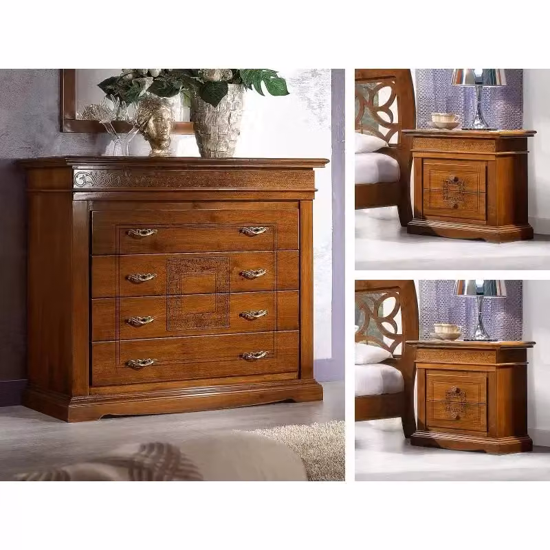 Camera completa classica Bassano in legno intagliato con decori floreali tinta noce e dettagli oro di Mobili 2G – 2