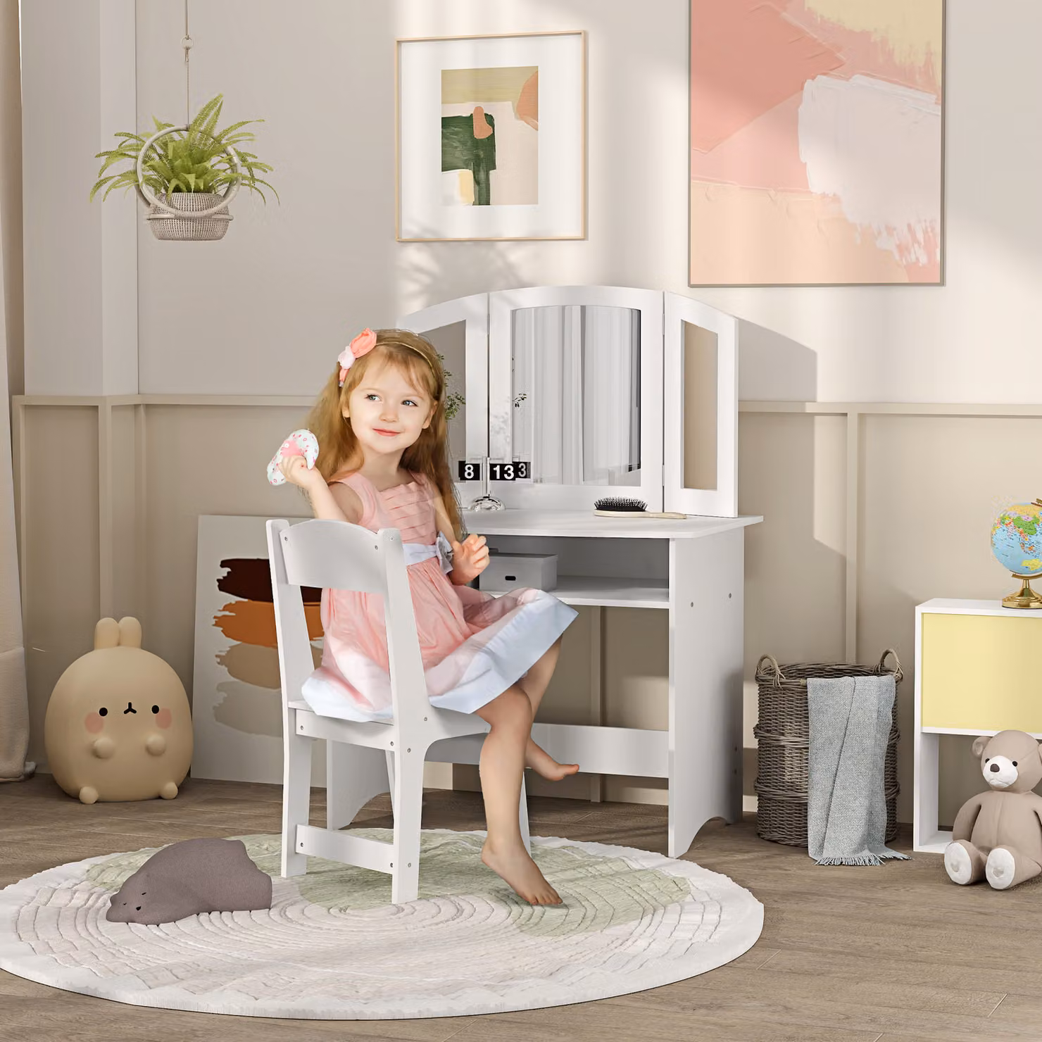 AIYAPLAY Set da Trucco per Bambini con Tavolo Toeletta, Specchio Triplo Rimovibile e Sedia in Legno Bianco – 2