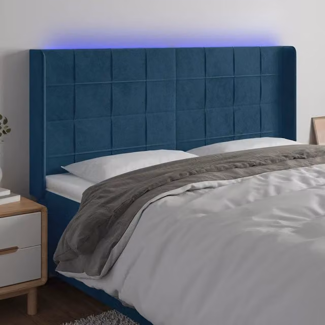 Testiera per letto vidaXL in velluto blu con illuminazione LED e porta di ricarica USB, L 163 x P 16 x H 118/128 cm – 1