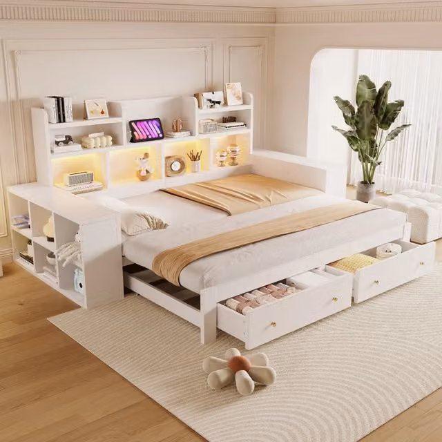 Letto divano estraibile 90×200 cm e 180×200 cm con cassetti, vani, LED e presa, senza materasso, bianco