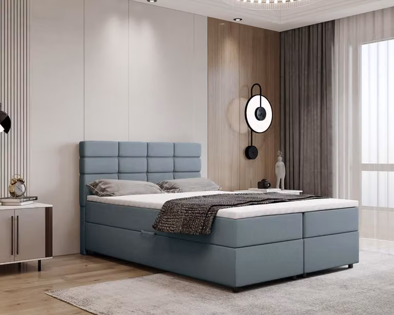 Letto boxspring 140x200, con contenitore, azzurro, materasso e coprimaterasso, letto matrimoniale, REVE, Panda Möbel