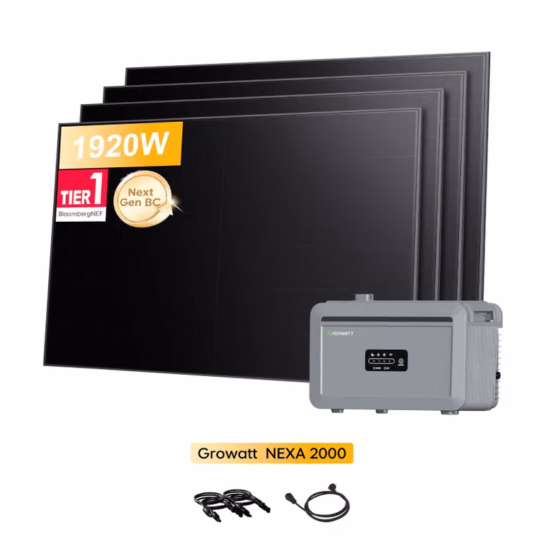 Impianto fotovoltaico da balcone con accumulatore Growatt NEXA 2000 All-in-One da 2048 Wh con 4 moduli solari bifacciali Sunpro da 480 Wp BC Full Black (IVA 0%)