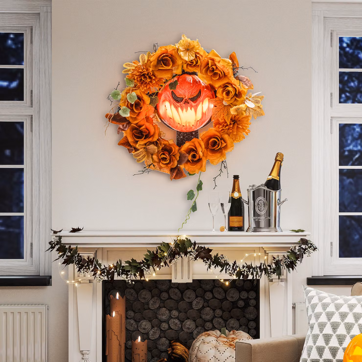 Ghirlanda di Halloween Outsunny con design di zucche, foglie autunnali e luci, arancione in plastica – 2