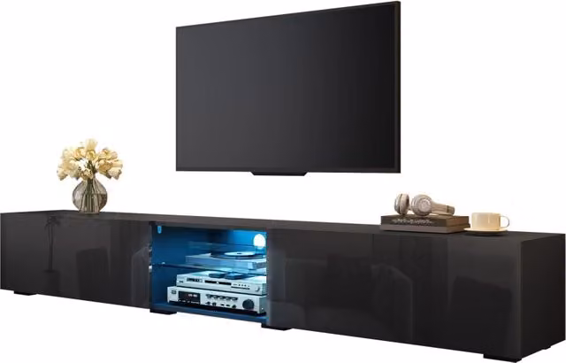 Mobile TV con ante lucide, illuminazione LED multicolore controllabile tramite app, panca TV con ripiano trasparente, mobile contenitore lungo per