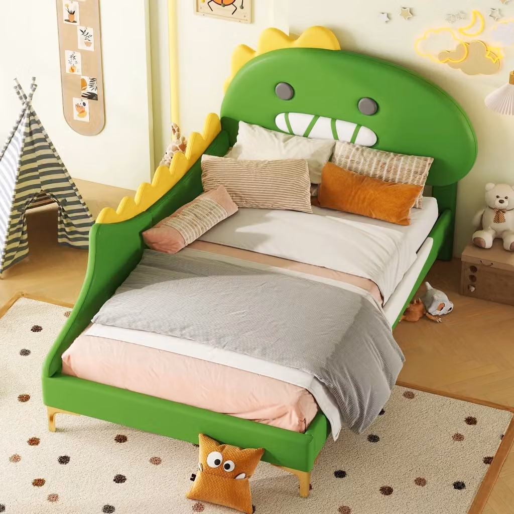 Letto singolo Mivray con testiera a dinosauro in ecopelle e MDF, colore verde, L/P: 90 x 200 cm – 2