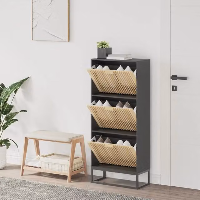 Scarpiera da parete nera vidaXL con scomparti basculanti in legno e metallo L/P/H: 52 x 25 x 120 cm
